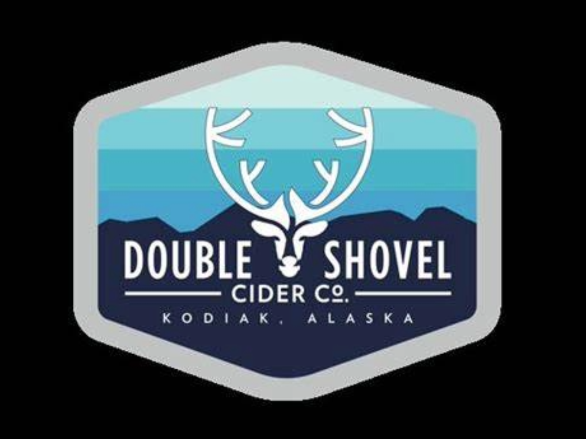 A Double shovel logo in different shades of blue with a black background. Logo has a caribou outline