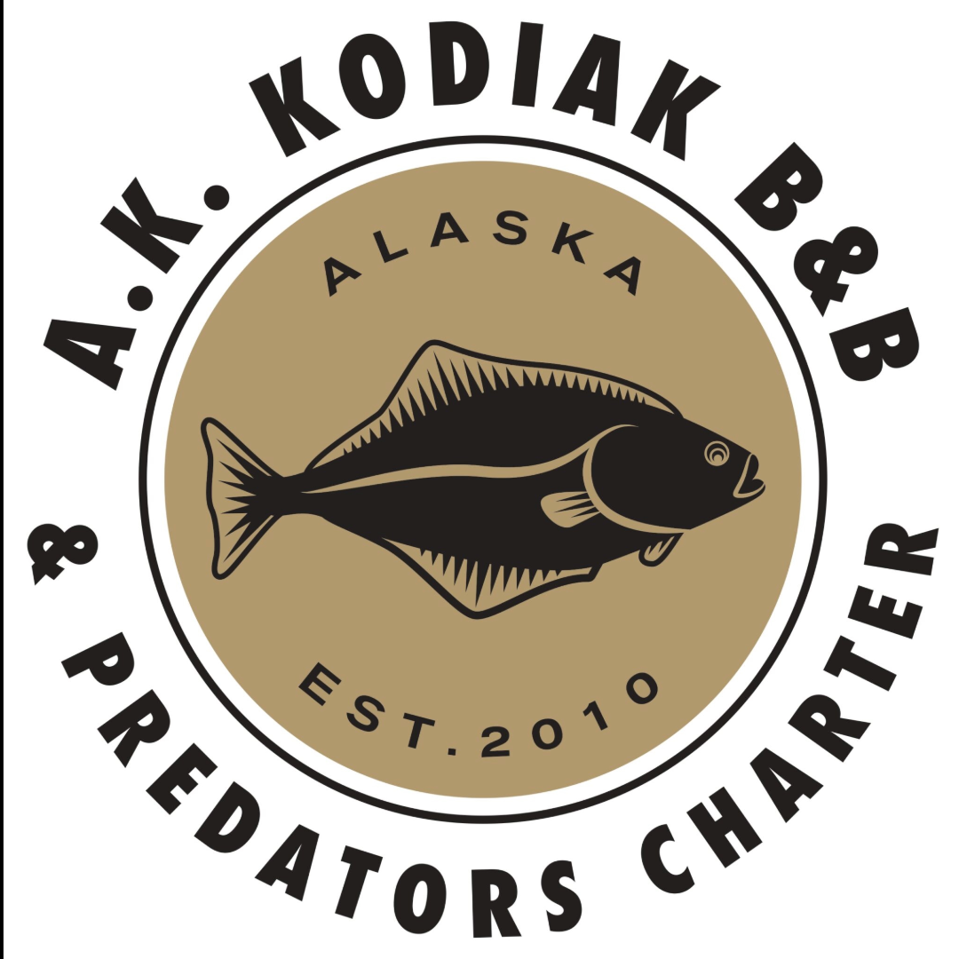 "A.K. Kodiak B&B & Predators Charter" with halibut image in the center of a brown cylinder