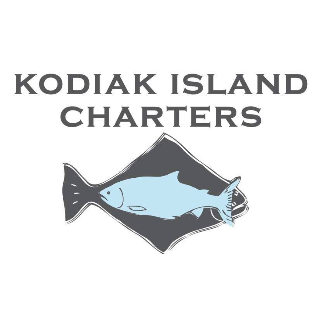 Logo for Kodiak Island Charters with bold text above a stylized illustration of a blue kodiak fish overlaid on a gray halibut. The background is white.