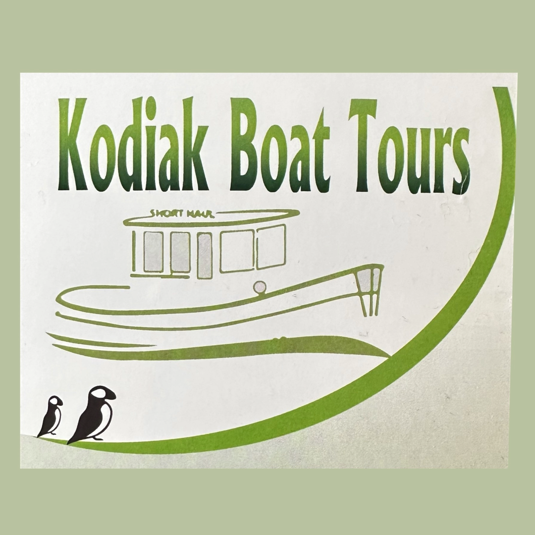 "Kodiak Boat Tours" in green with a puffin
