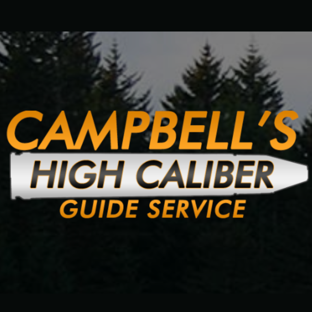 Dark trees with "Campbell's High Caliber Guide Service" in yellow