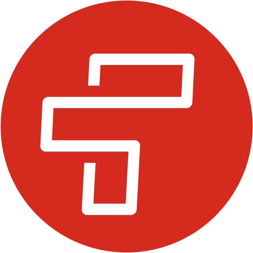 red circle with white lines in the shape of an "F"