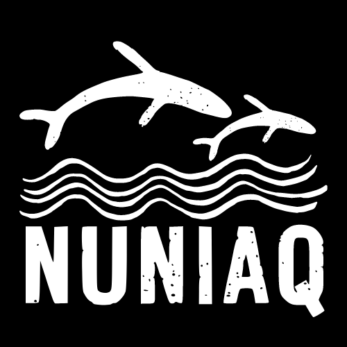 Nuniaq logo, two whale petroglyphs over waves