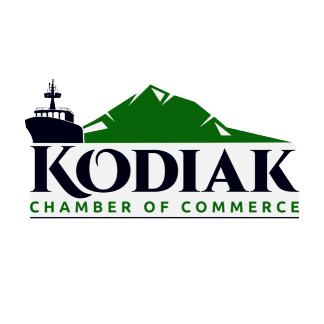 "Kodiak Chamber of Commerce" with icon of fishing vessel and green mountain in the background
