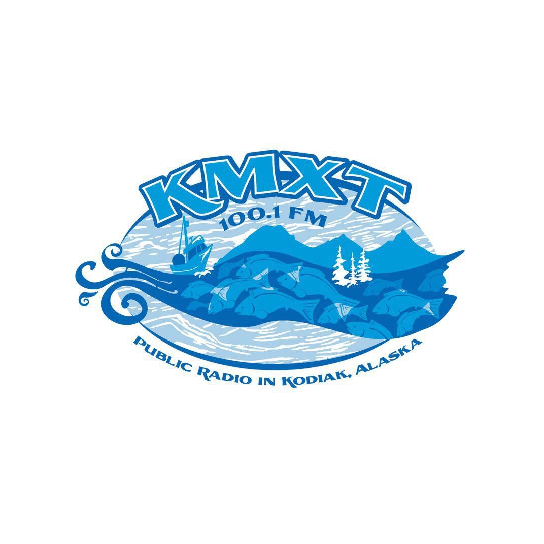 "KMXT 100.1 FM" drawing of blue mountains and ship