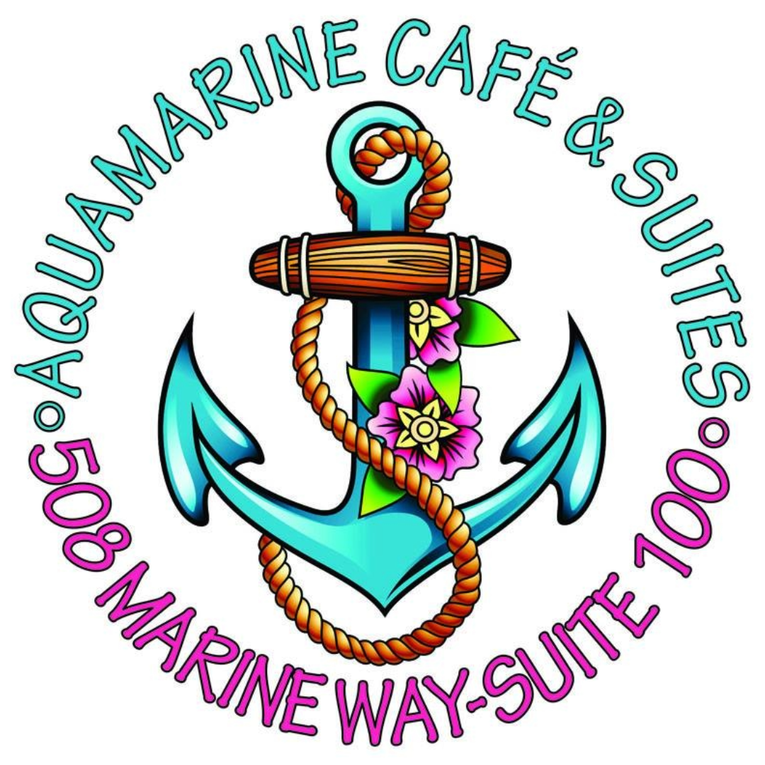 "Aquamarine Cafe & Suites : 508 marine way suite 100" in teal and burgundy. drawing of anchor with ropes and flower