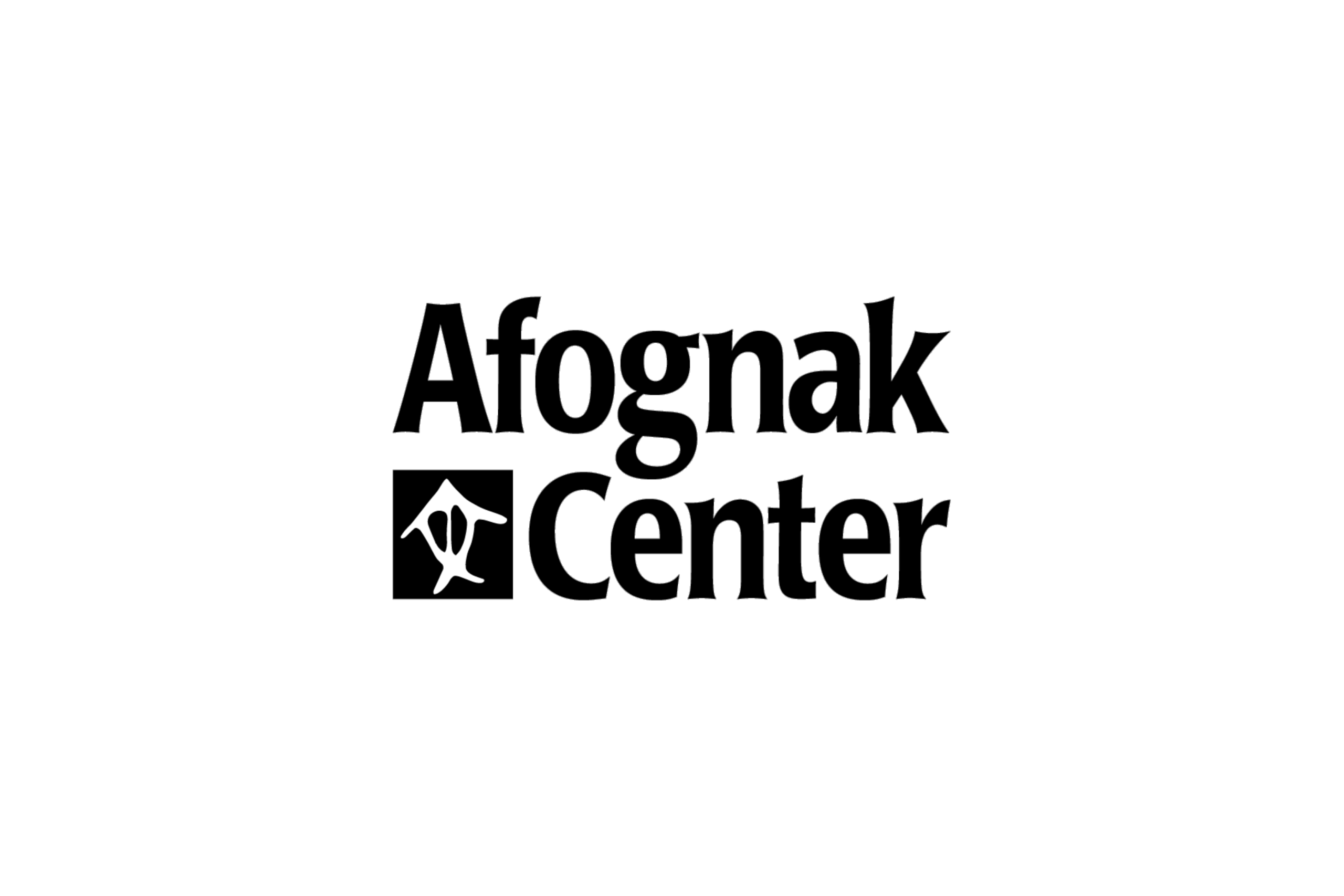 Black text reads Afognak Center on a white background, with a black square containing a white abstract symbol between the words—ideal Meeting Convention Space in Kodiak Alaska.