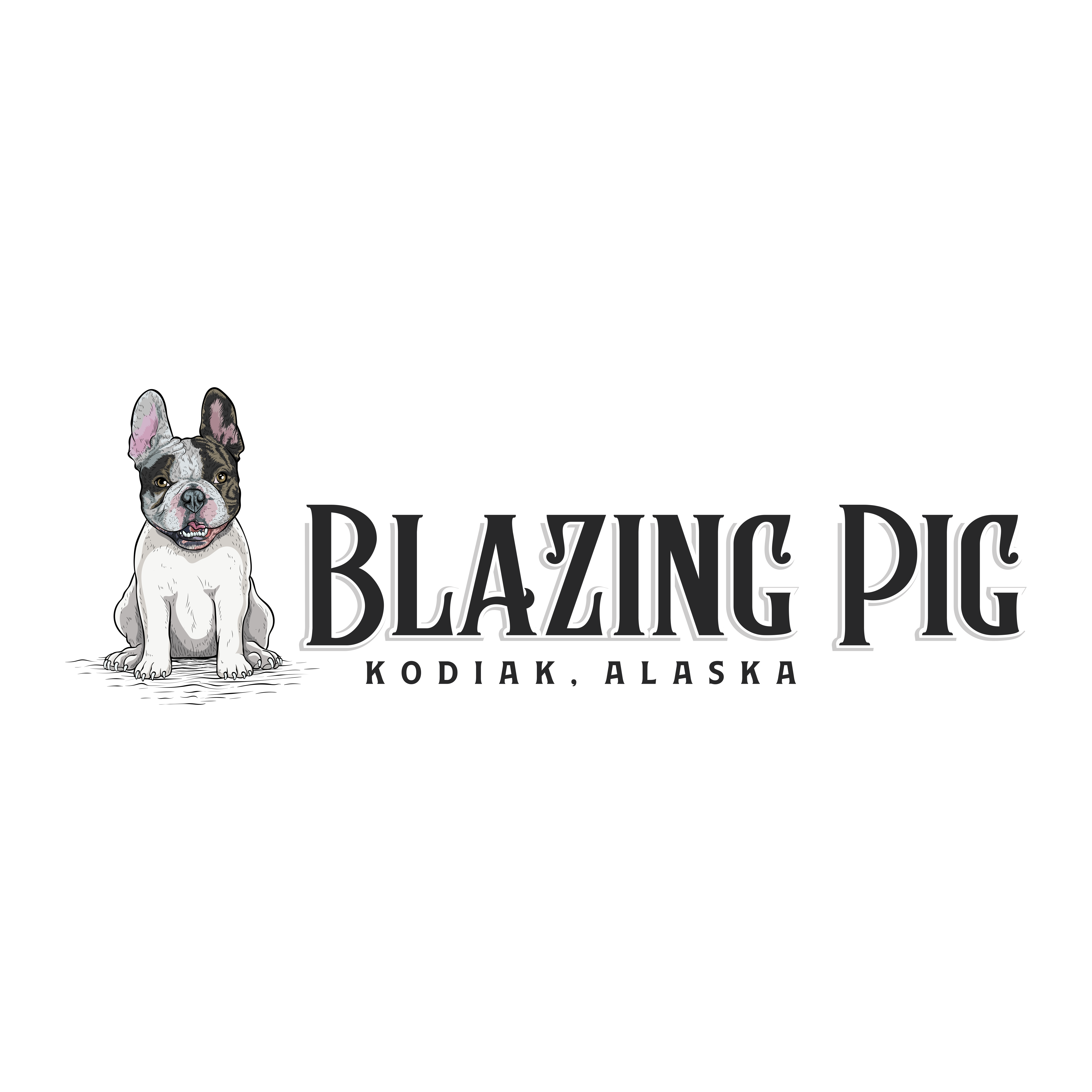 English bulldog with logo that reads "Blazing Pig, Kodiak Alaska"