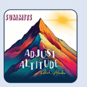 A stylized, colorful illustration of a mountain peak under a bright sun, featuring the words “SUMMITS,” “ADJUST your ALTITUDE,” and “Kodiak, Alaska” for a vibrant Kodiak-inspired scene.