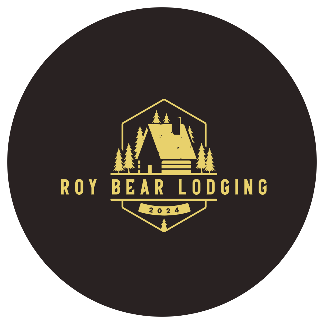"Roy Bear Lodging" with image of home and trees