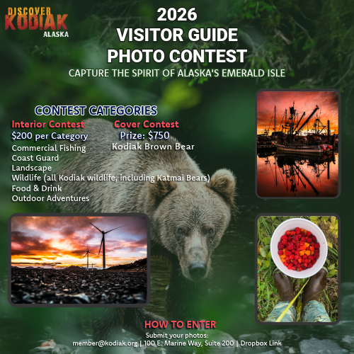 A promotional poster for the 2026 Kodiak, Alaska Visitor Guide Photo Contest. It lists contest categories, prizes, and entry details, set against stunning images of Kodiak’s wildlife, fishing boats, wind turbines, and berries.