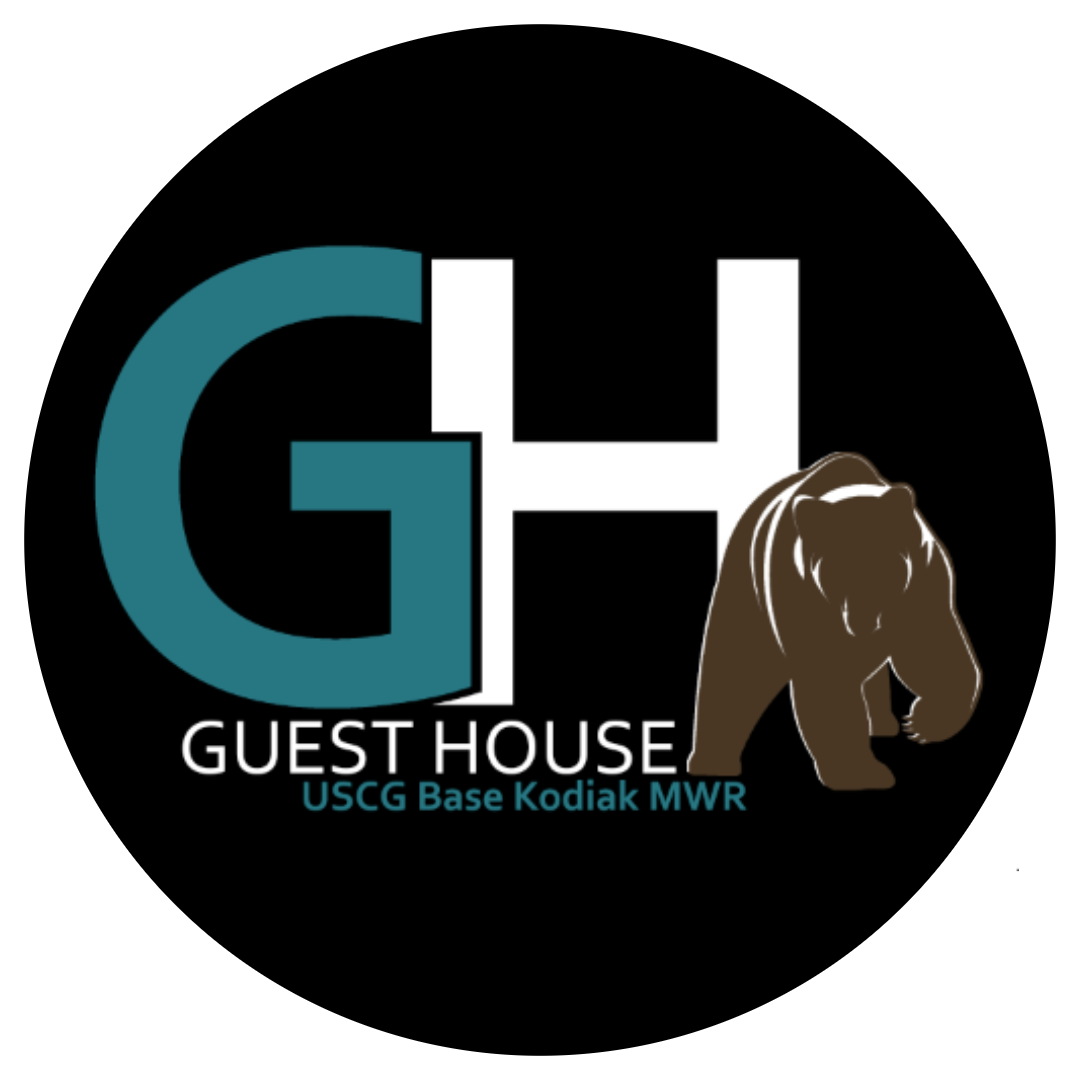 Logo with large teal G and white H, a brown bear on the right, and text below reading GUEST HOUSE USCG Base Kodiak MWR, all on a black circular background—perfect for any Kodiak-themed setting.