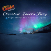 A snowy kodiak landscape under colorful Northern Lights with text: Discover Kodiak presents Chocolate Lovers Fling: A Night Under the Northern Lights.