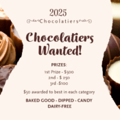 A poster for the 2025 Chocolatiers Wanted contest, featuring Kodiak chocolates in the background. Prize details, entry categories—baked good, dipped, candy, dairy-free—and cash awards are listed in the center.
