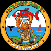 Cartoon crab holding a red fish above an otter’s head, with the Kodiak sea, a whale tail, and a buoy in the background. Text reads: “It’s Otter Chaos Kodiak Crab Fest 2025.”