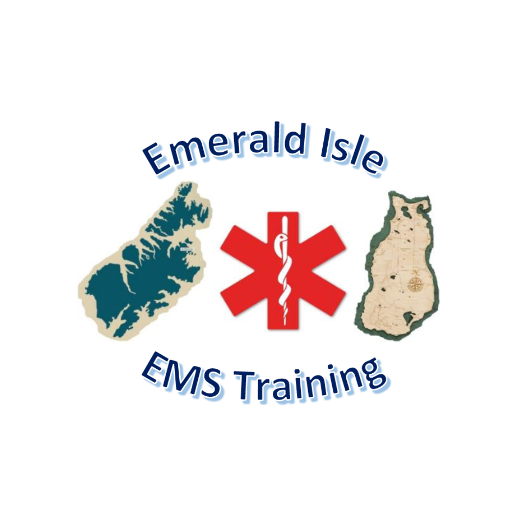 Logo with a map silhouette on the left, a red medical star of life with a white staff and serpent in the center, and a kodiak map on the right. Text reads Emerald Isle EMS Training above and below the images.