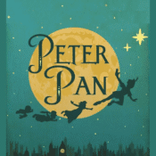 Silhouettes of Peter Pan, Wendy, John, and Michael flying before a large yellow moon with “Peter Pan” written across it, set against a teal night sky dotted with stars and a city skyline below—a magical kodiak-inspired scene.