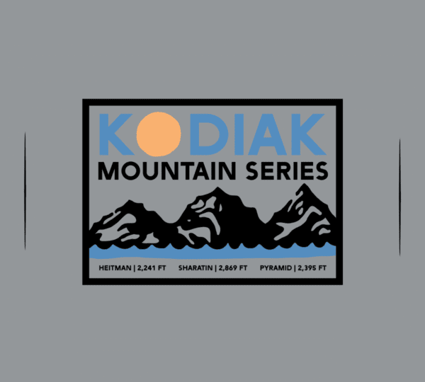 A rectangular Kodiak Mountain Series logo features three black mountain peaks, a yellow sun, and blue sky. Text at the bottom lists Hetman 2,241 ft, Sharatin 2,689 ft, and Pyramid 2,395 ft.