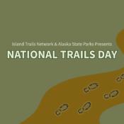 A green background with a winding brown trail and black boot prints evokes Kodiak’s rugged beauty. Text reads: “Island Trails Network Alaska State Parks Presents NATIONAL TRAILS DAY.”