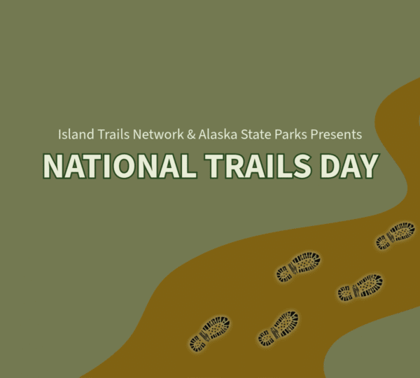 A green background with a winding brown trail and black boot prints evokes Kodiak’s rugged beauty. Text reads: “Island Trails Network Alaska State Parks Presents NATIONAL TRAILS DAY.”