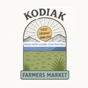 Logo with sun rising over kodiak mountains, text: Kodiak Every Saturday 10AM-2PM Kodiak Baptist Mission’s Ocean Front Field. Grass field below, banner reads Farmers Market.