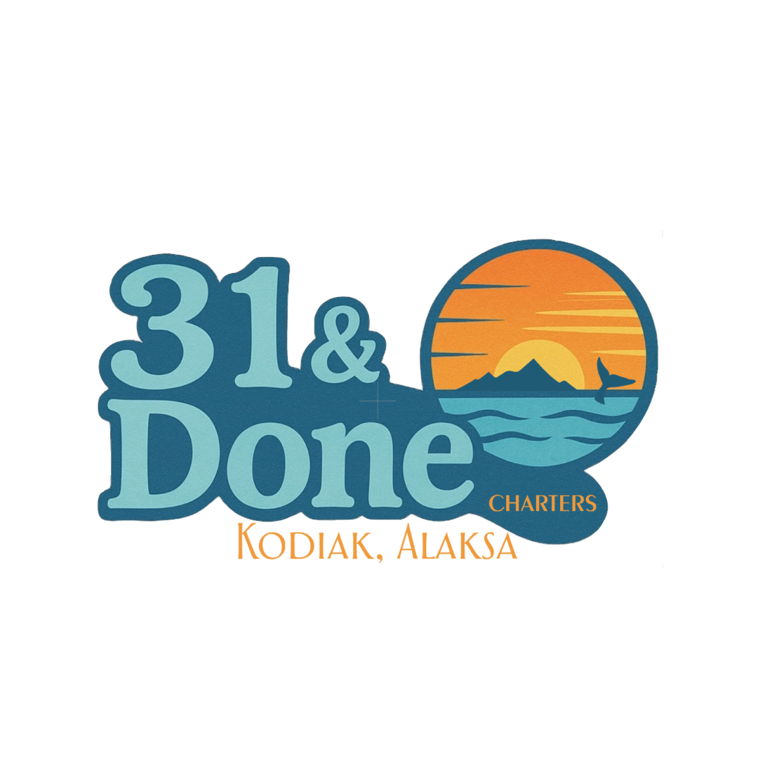Logo for 31 Done Charters featuring a stylized sunset over Kodiak waters with mountains, a jumping fish, and the text "Kodiak, Alaska" below.