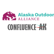 Logo featuring a maroon kodiak bear head, Alaska Outdoor Alliance in teal and maroon, above the bold text CONFLUENCE AK in gray with blue and orange lines through the U.