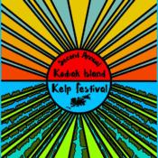Colorful graphic featuring a rising sun above stylized green kelp beds and blue water, evoking kodiak vibes. Text in the sun reads: Second Annual Kodiak Island Kelp Festival, with a small black kelp illustration below.