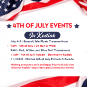 Festive 4th of July event flyer for Kodiak features stars, red, white, and blue flags. Lists Kodiak events like a treasure hunt, 10K run, golf tournament, two parades, and a potluck. Patriotic design with a cheerful holiday greeting below.