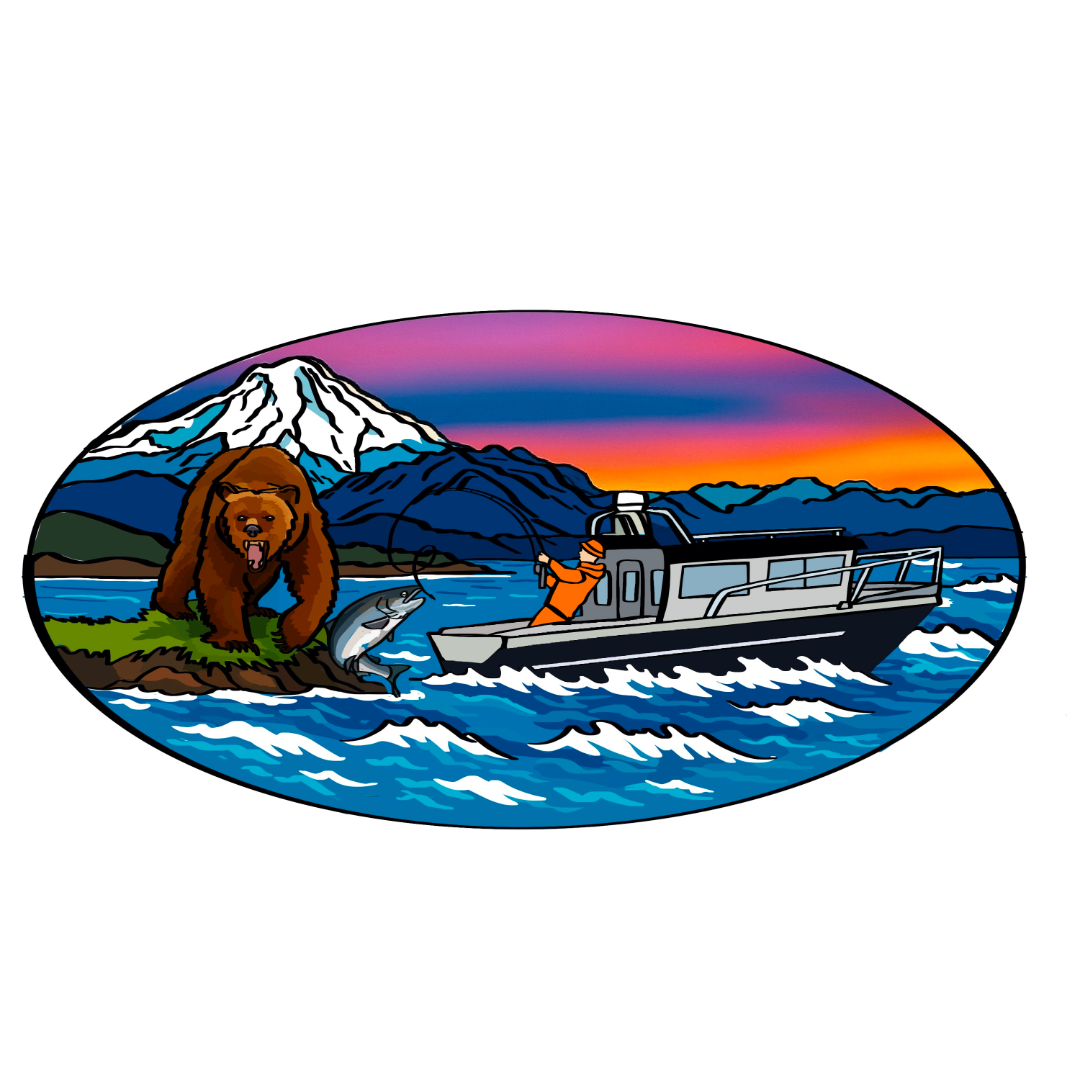 A Kodiak brown bear catches a fish near the shore while a person on a boat fishes in choppy water, with mountains and a vibrant sunset sky in the background.