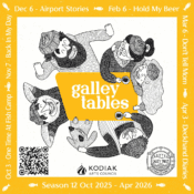 Illustration of four people sitting around a yellow table with “galley tables” written on it. Surrounding text lists show event titles and dates, running from October 2025 to April 2026, presented by Kodiak Arts Council in Kodiak.