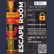 Poster for Escape Room: Cursed Tomb with Egyptian-inspired graphics. Event runs Oct 28–Dec 13 at Kodiak Public Library. Includes schedule, group size 2–4, and QR code for sign-ups.