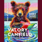 A colorful painting of a bear standing in water holding a large fish, with text reading Artist of the Month, Double Shovel Cider Kodiak, Live Painting Event Kodiak Alaska – Valory Canfield overlaid on the image.