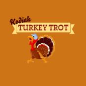 Illustration of a smiling turkey running beneath the text Kodiak Turkey Trot on a solid orange background with a yellow banner behind the words.