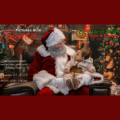 A man dressed as Santa Claus sits on a couch beside a decorated Christmas tree, smiling at a young child in winter clothes sitting on his lap. Text promotes Pictures with Santa at Scandia Toys Games.