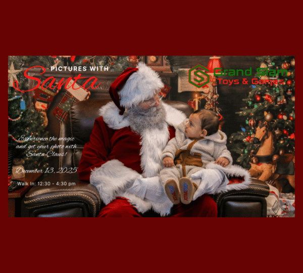 A man dressed as Santa Claus sits on a couch beside a decorated Christmas tree, smiling at a young child in winter clothes sitting on his lap. Text promotes Pictures with Santa at Scandia Toys Games.