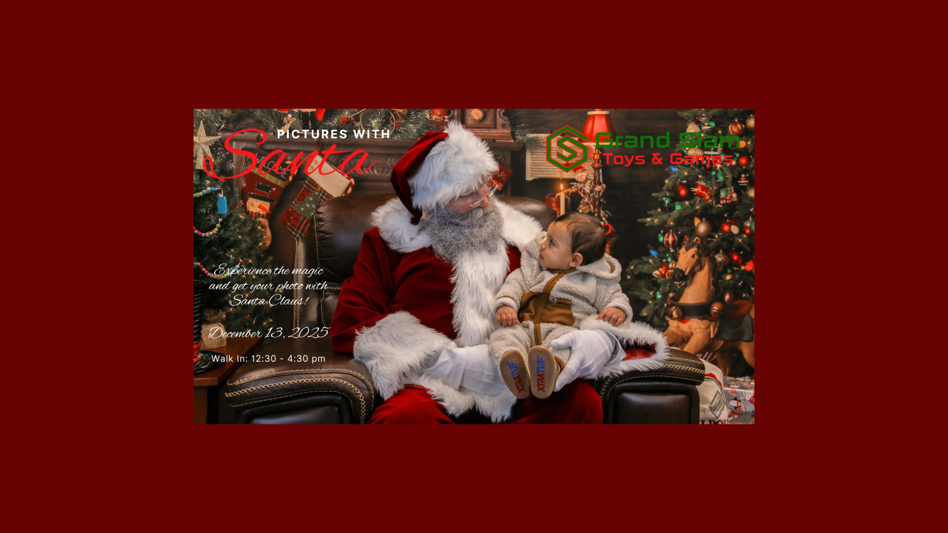 A man dressed as Santa Claus sits on a couch beside a decorated Christmas tree, smiling at a young child in winter clothes sitting on his lap. Text promotes Pictures with Santa at Scandia Toys Games.