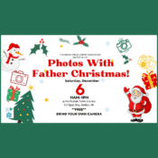 Event flyer with festive graphics: “Photos With Father Christmas” on Saturday, December 6, 11AM–1PM at Kodiak Public Library. Snowman, Santa, gifts, cameras, and holiday decorations. Free event; bring your own camera.