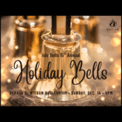 Close-up of a handbell with festive lights. Text: Isle Bells 15th Annual Holiday Bells, Gerald C. Wilson Auditorium - Sunday, Dec. 14 - 4PM, and Kodiak Arts Council logo in upper right corner.