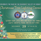 Festive Christmas tree with lights and ornaments beside a flyer for Kodiaks Annual Christmas Tree Lighting Ceremony. Event details include time, date, location, and activities like music, treats, and a visit from Santa.