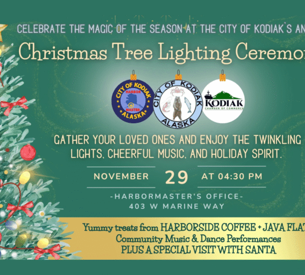 Festive Christmas tree with lights and ornaments beside a flyer for Kodiaks Annual Christmas Tree Lighting Ceremony. Event details include time, date, location, and activities like music, treats, and a visit from Santa.