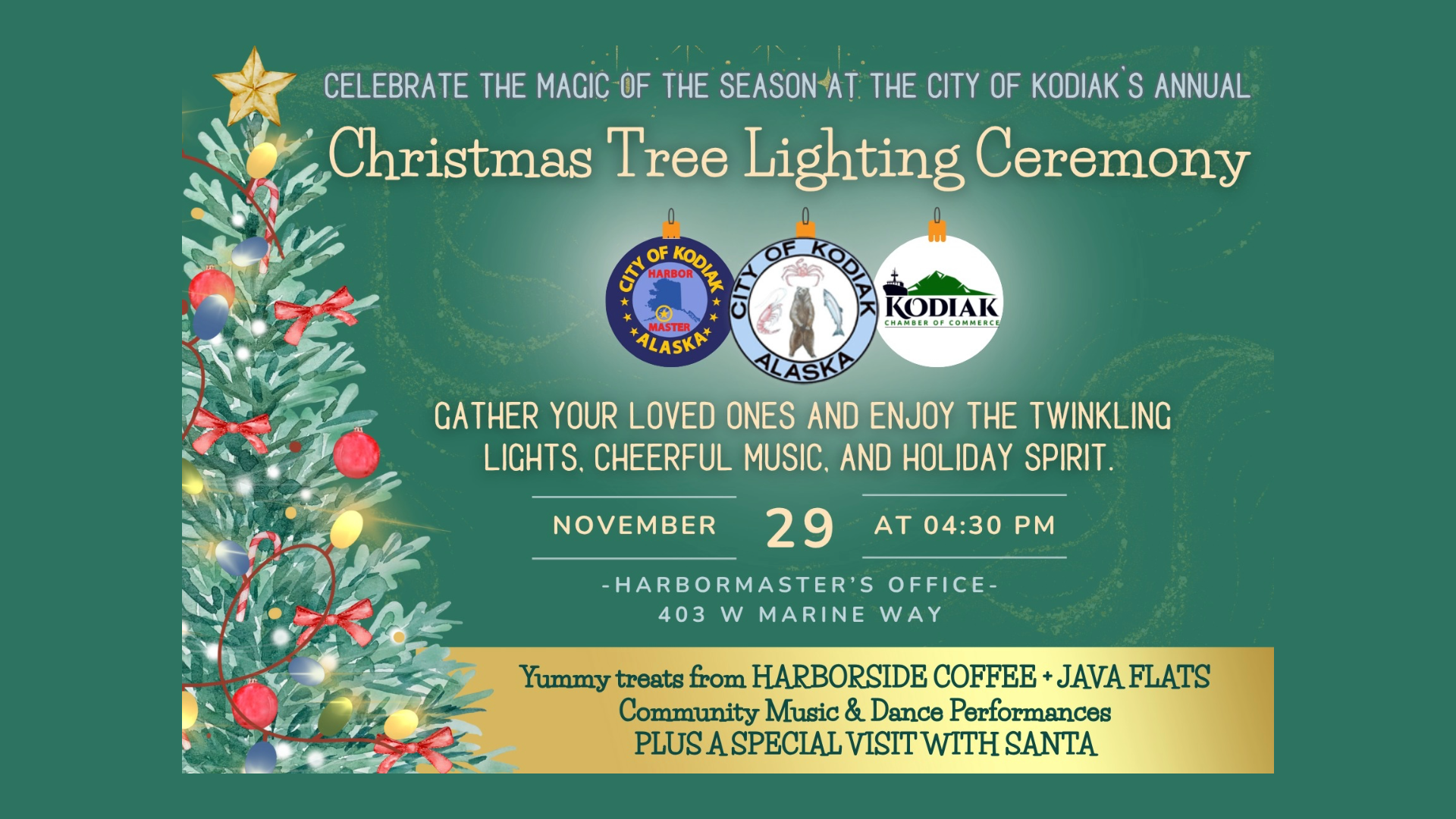 Festive Christmas tree with lights and ornaments beside a flyer for Kodiaks Annual Christmas Tree Lighting Ceremony. Event details include time, date, location, and activities like music, treats, and a visit from Santa.