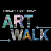 White text reads Kodiaks First Friday ART WALK on a black background. The words ART WALK are filled with colorful artwork images, and two grey arrows point to the right. Vertical turquoise bars frame the sides.