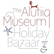 Text logo for the Alutiiq Museum Holiday Bazaar with decorative elements: a red reindeer, a swirl, a star, and a face, all integrated into the stylized text on a white background.