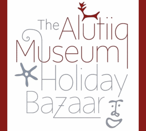 Text logo for the Alutiiq Museum Holiday Bazaar with decorative elements: a red reindeer, a swirl, a star, and a face, all integrated into the stylized text on a white background.