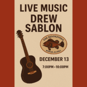 Poster for a live music event featuring Drew Sablon on December 13 from 7:00 PM to 10:00 PM at The Rendezvous in Kodiak, Alaska. A guitar and an oval fish logo are also shown.