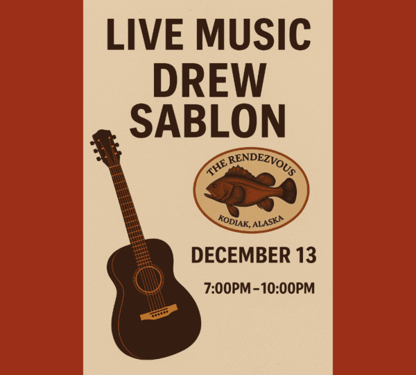 Poster for a live music event featuring Drew Sablon on December 13 from 7:00 PM to 10:00 PM at The Rendezvous in Kodiak, Alaska. A guitar and an oval fish logo are also shown.