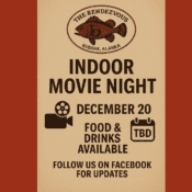 Event flyer for Indoor Movie Night at The Rendezvous in Kodiak, Alaska on December 20. Food and drinks available. Movie title to be determined. Follow on Facebook for updates.