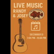 Event poster with a guitar illustration and the fish logo for The Rendezvous, Kodiak, Alaska. Text reads: “Randy Josey live music at The Rendezvous Kodiak.” Below, event details: “December 12, 7:00 PM - 10:00 PM.”