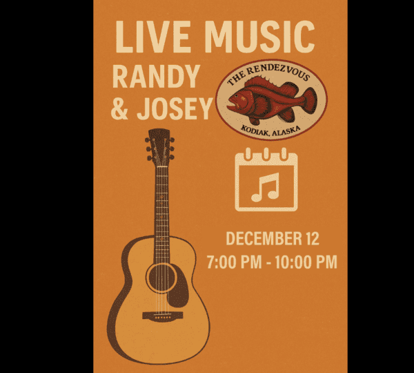 Event poster with a guitar illustration and the fish logo for The Rendezvous, Kodiak, Alaska. Text reads: “Randy Josey live music at The Rendezvous Kodiak.” Below, event details: “December 12, 7:00 PM - 10:00 PM.”